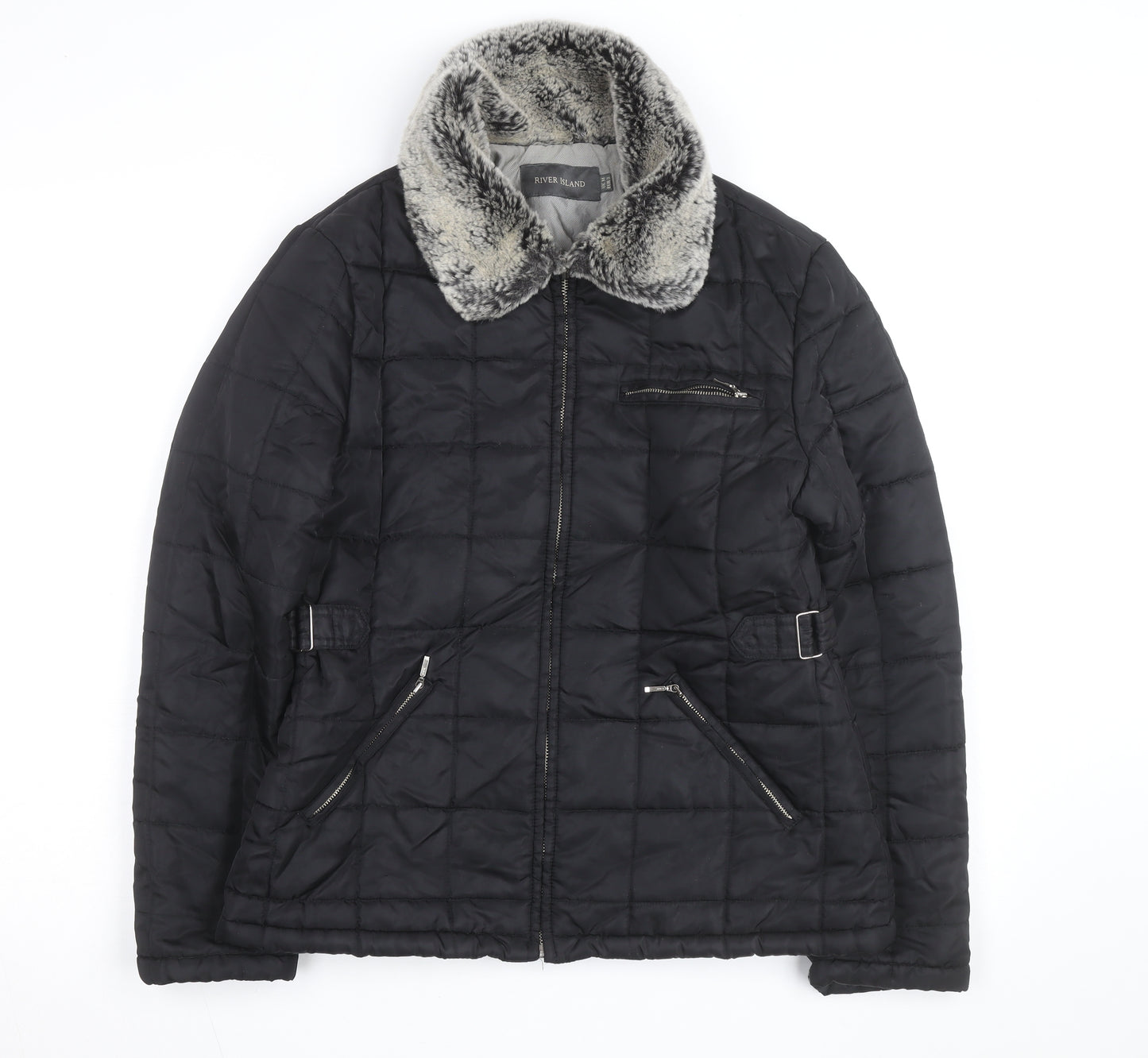 River Island Women Black Faux Fur Collar Quilted Jacket Size 10