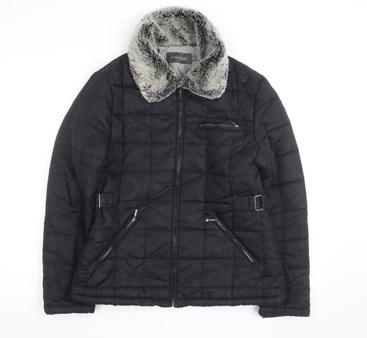 River Island Women Black Faux Fur Collar Quilted Jacket Size 10