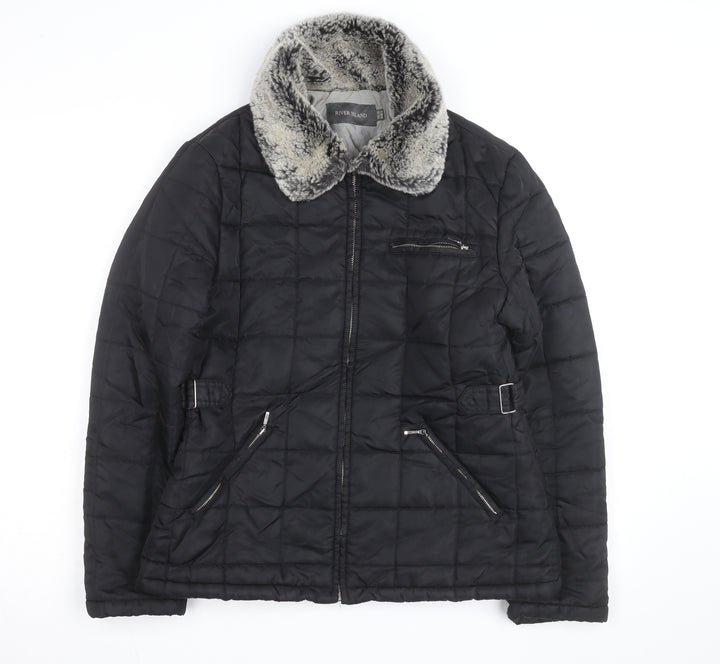 River Island Women Black Faux Fur Collar Quilted Jacket Size 10