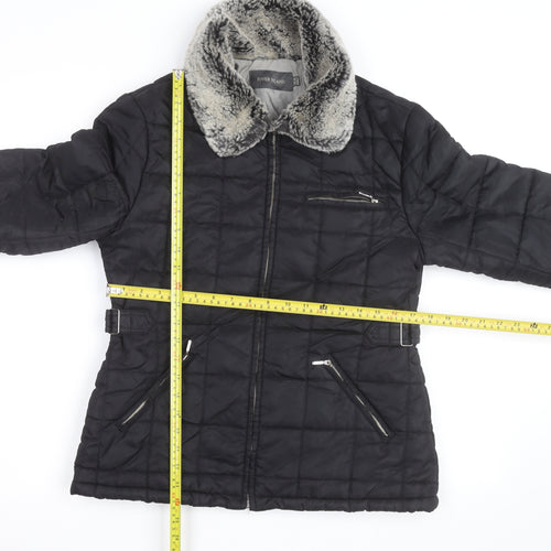 River Island Women Black Faux Fur Collar Quilted Jacket Size 10