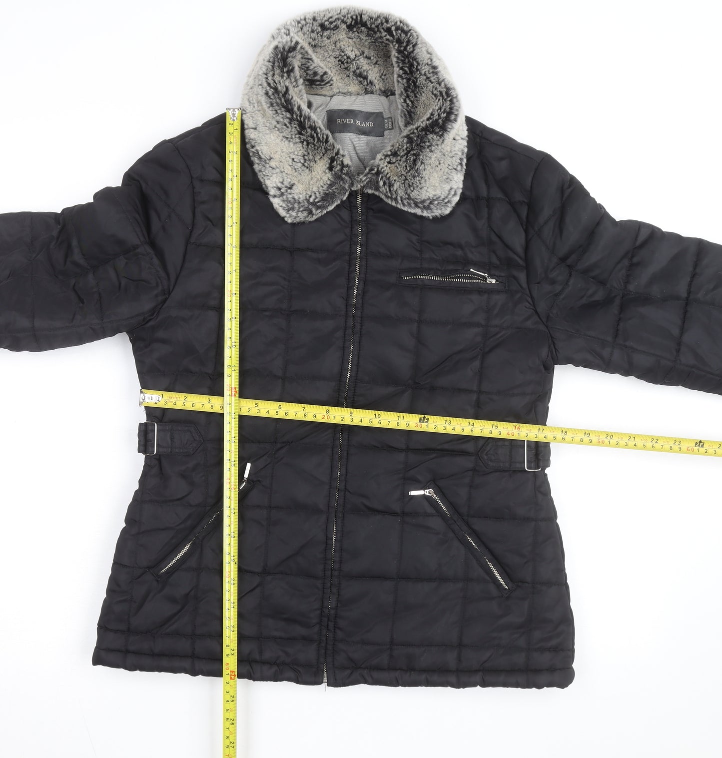 River Island Women Black Faux Fur Collar Quilted Jacket Size 10