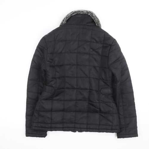River Island Women Black Faux Fur Collar Quilted Jacket Size 10