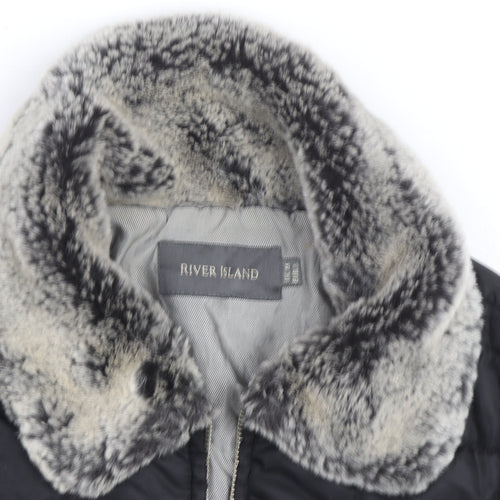 River Island Women Black Faux Fur Collar Quilted Jacket Size 10