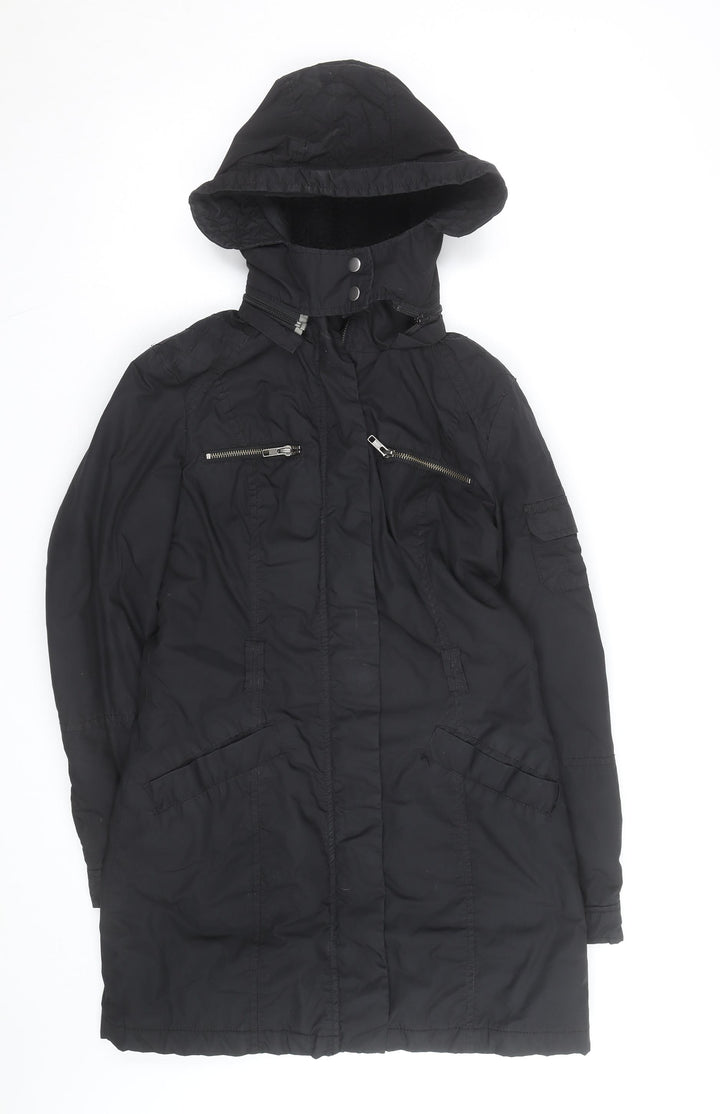 H&M Women's Black Long Hooded Parka Coat Size 8