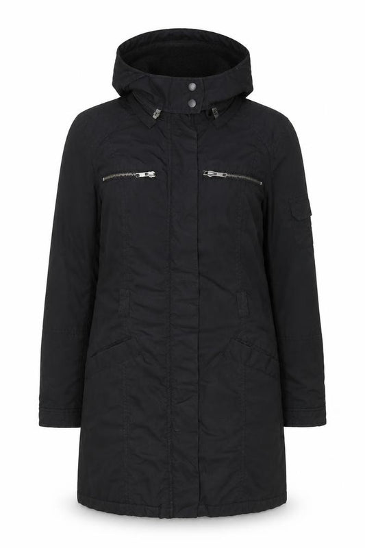Front view of H&M Women's Black Long Hooded Parka Coat, size 8