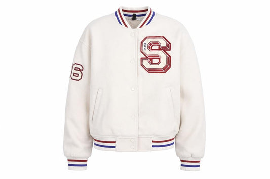 Front view of H&M Divided Men Ivory Varsity Jacket, size S, Polyester College Style