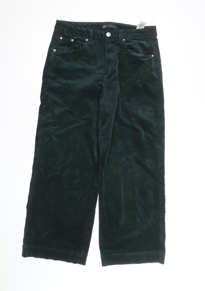 Marks and Spencer Womens Green Corduroy Wide-Leg Trousers Size 14