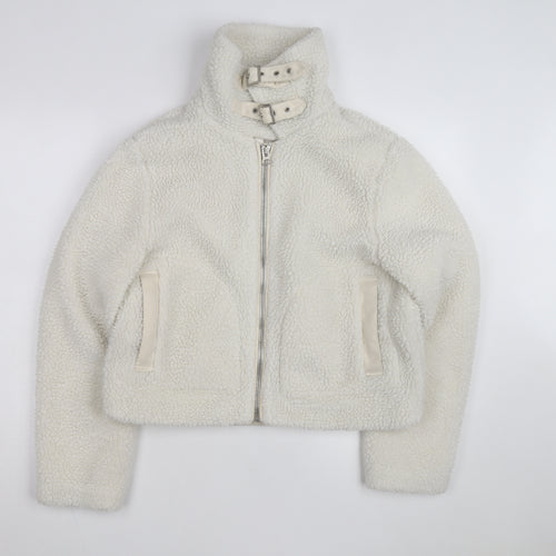 Miss Selfridge Women Ivory Faux Fur Belted Bomber Jacket Size 12