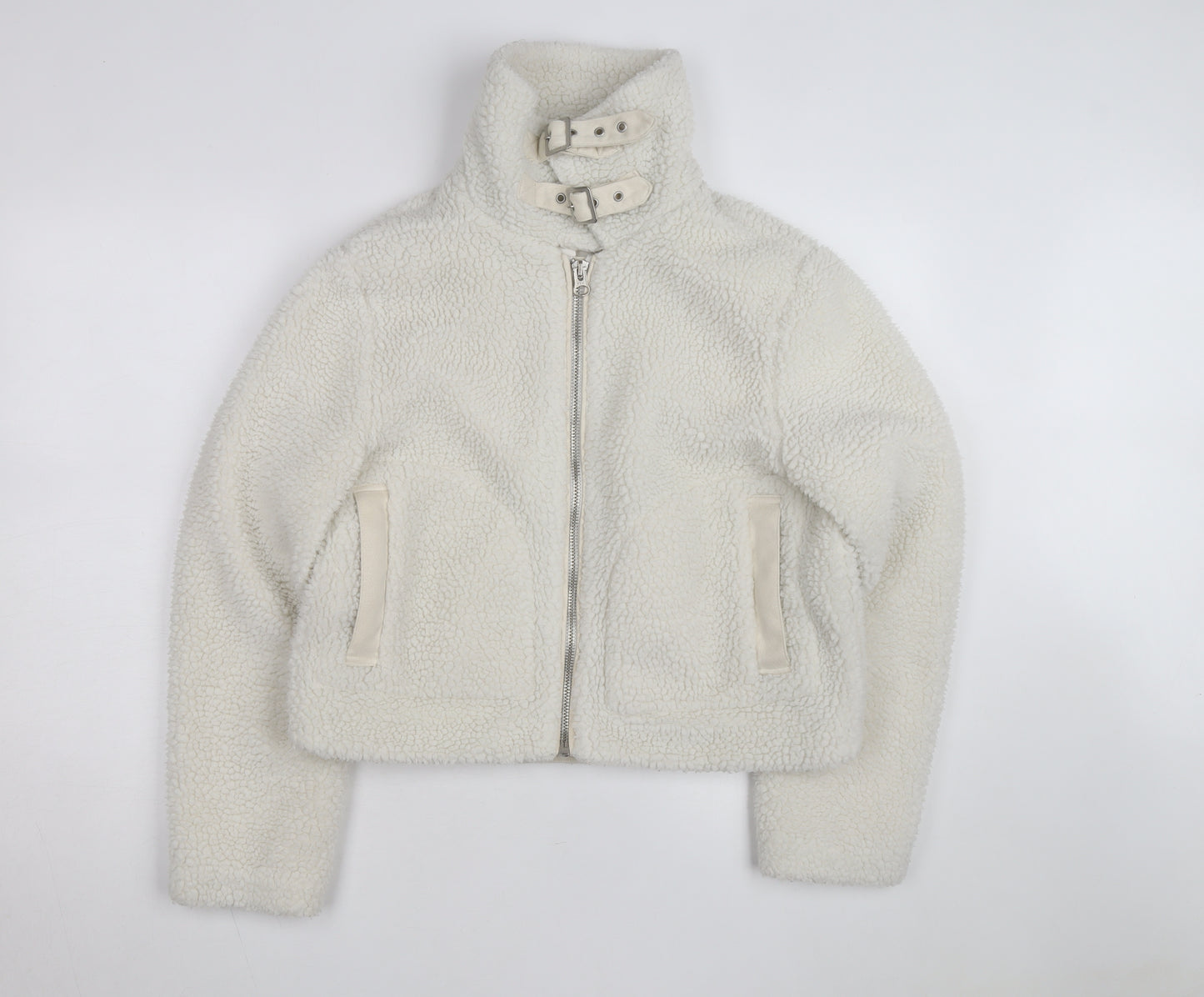Miss Selfridge Women Ivory Faux Fur Belted Bomber Jacket Size 12
