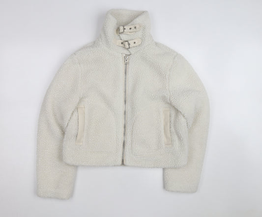 Miss Selfridge Women Ivory Faux Fur Belted Bomber Jacket Size 12