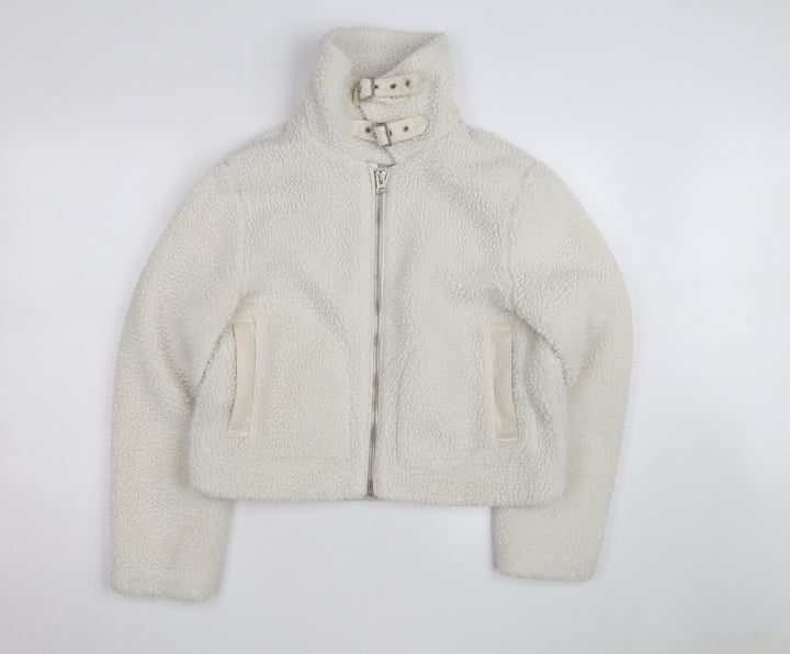Miss Selfridge Women Ivory Faux Fur Belted Bomber Jacket Size 12
