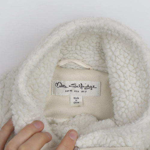 Miss Selfridge Women Ivory Faux Fur Belted Bomber Jacket Size 12