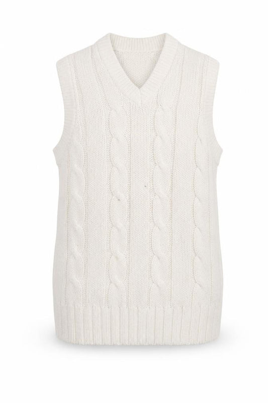 Front view of Slazenger Women's Ivory Cable Knit Sleeveless V-Neck Vest Jumper, size 13