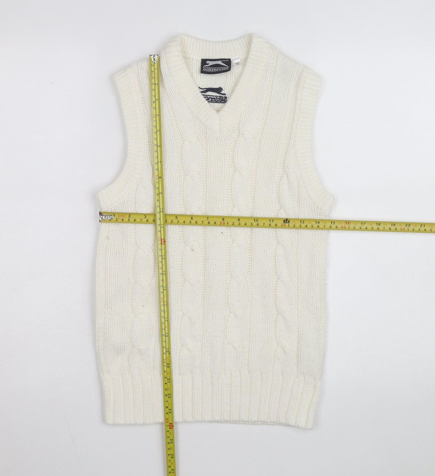 Slazenger Women's Ivory Cable Knit Sleeveless V-Neck Vest Jumper Size 13