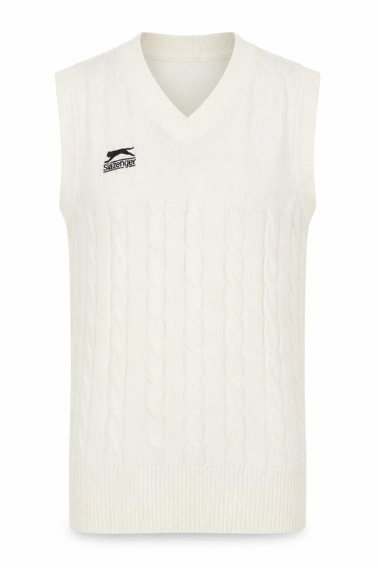 Front view of Slazenger Men's Ivory Cable Knit Cotton Sleeveless V-Neck Vest S