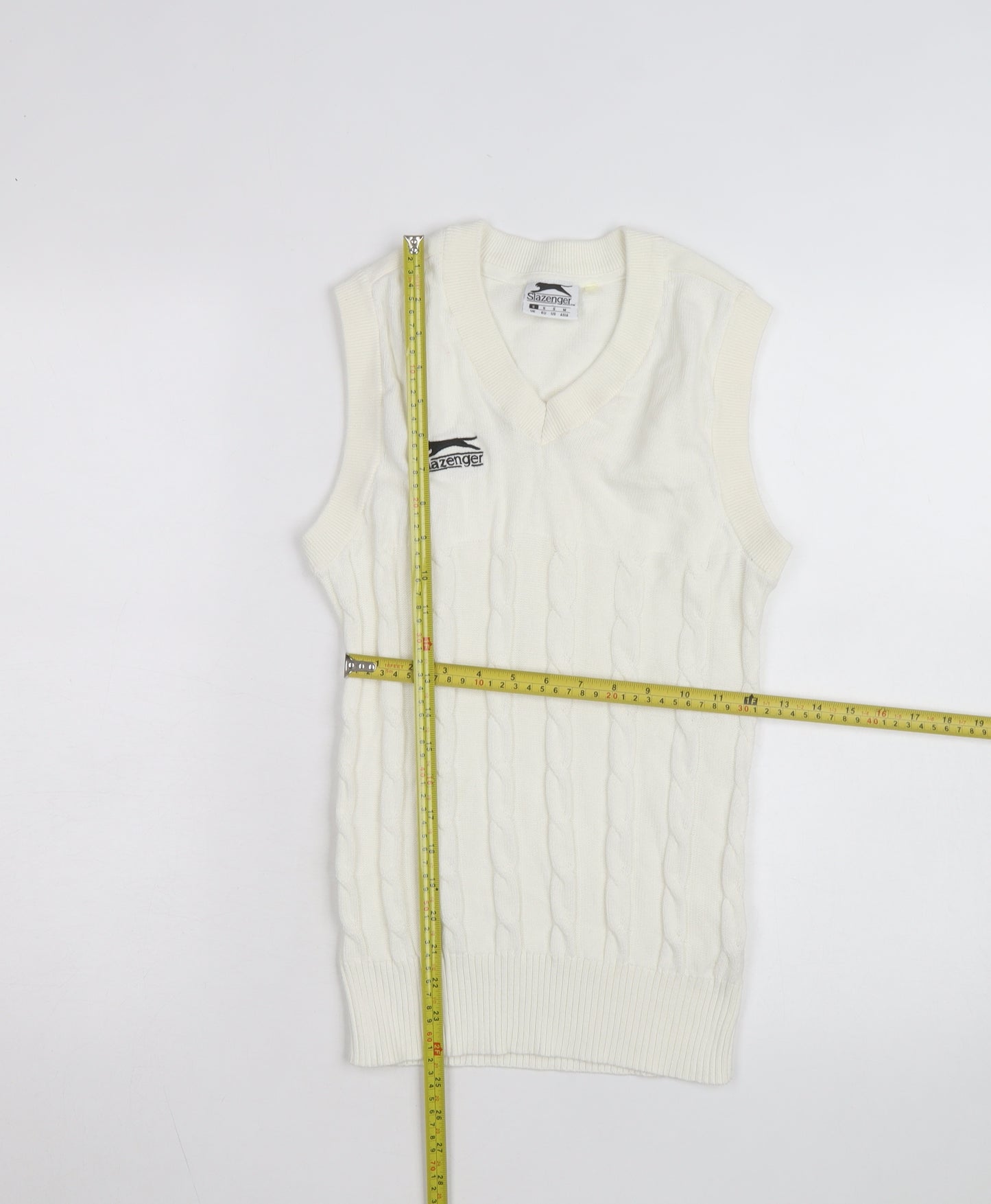Slazenger Men's Ivory Cable Knit Cotton Sleeveless V-Neck Vest S
