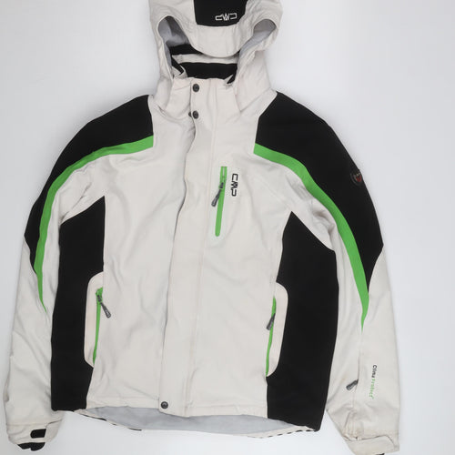 CMP Men's White Black Green Waterproof Ski Jacket Size 52 L Hooded Winter Coat