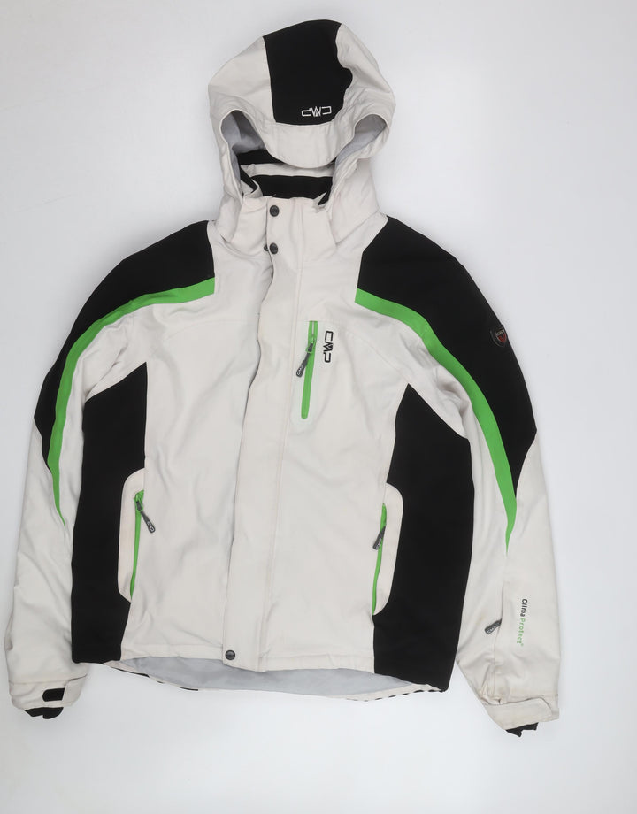 CMP Men's White Black Green Waterproof Ski Jacket Size 52 L Hooded Winter Coat