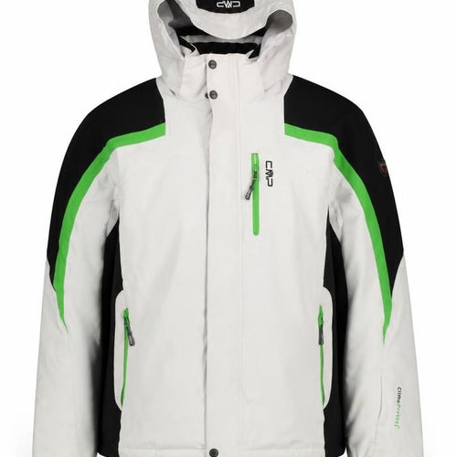 CMP Men's White Black Green Waterproof Ski Jacket Size 52 L Hooded Winter Coat