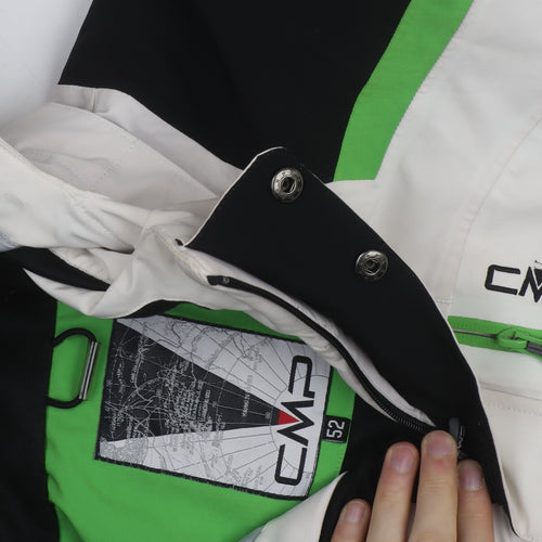 CMP Men's White Black Green Waterproof Ski Jacket Size 52 L Hooded Winter Coat