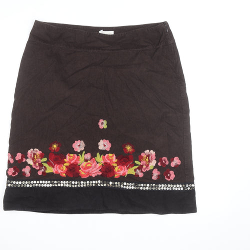 Monsoon Women’s Brown Floral Embroidered Corduroy Skirt Size 16