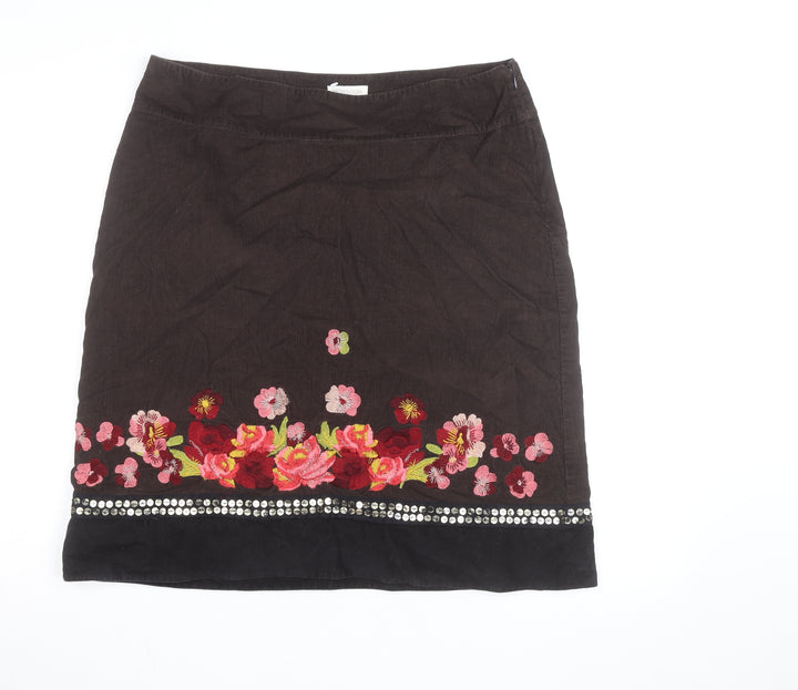 Monsoon Women’s Brown Floral Embroidered Corduroy Skirt Size 16