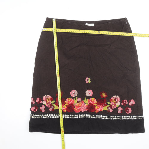 Monsoon Women’s Brown Floral Embroidered Corduroy Skirt Size 16