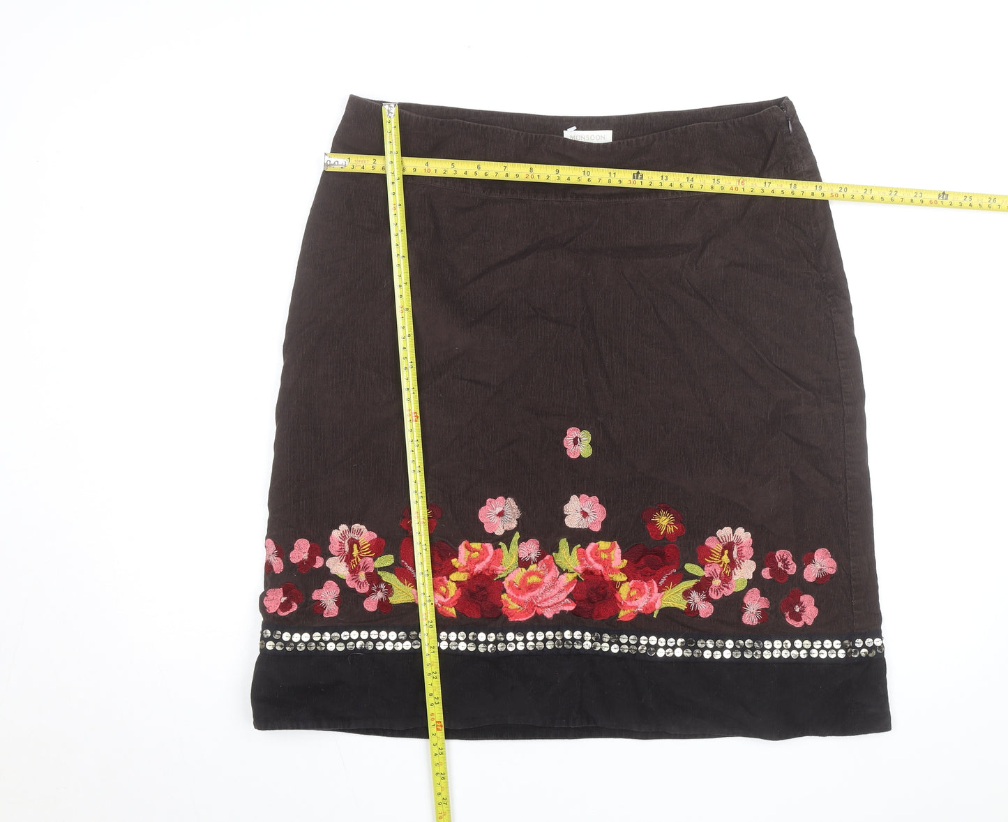 Monsoon Women’s Brown Floral Embroidered Corduroy Skirt Size 16