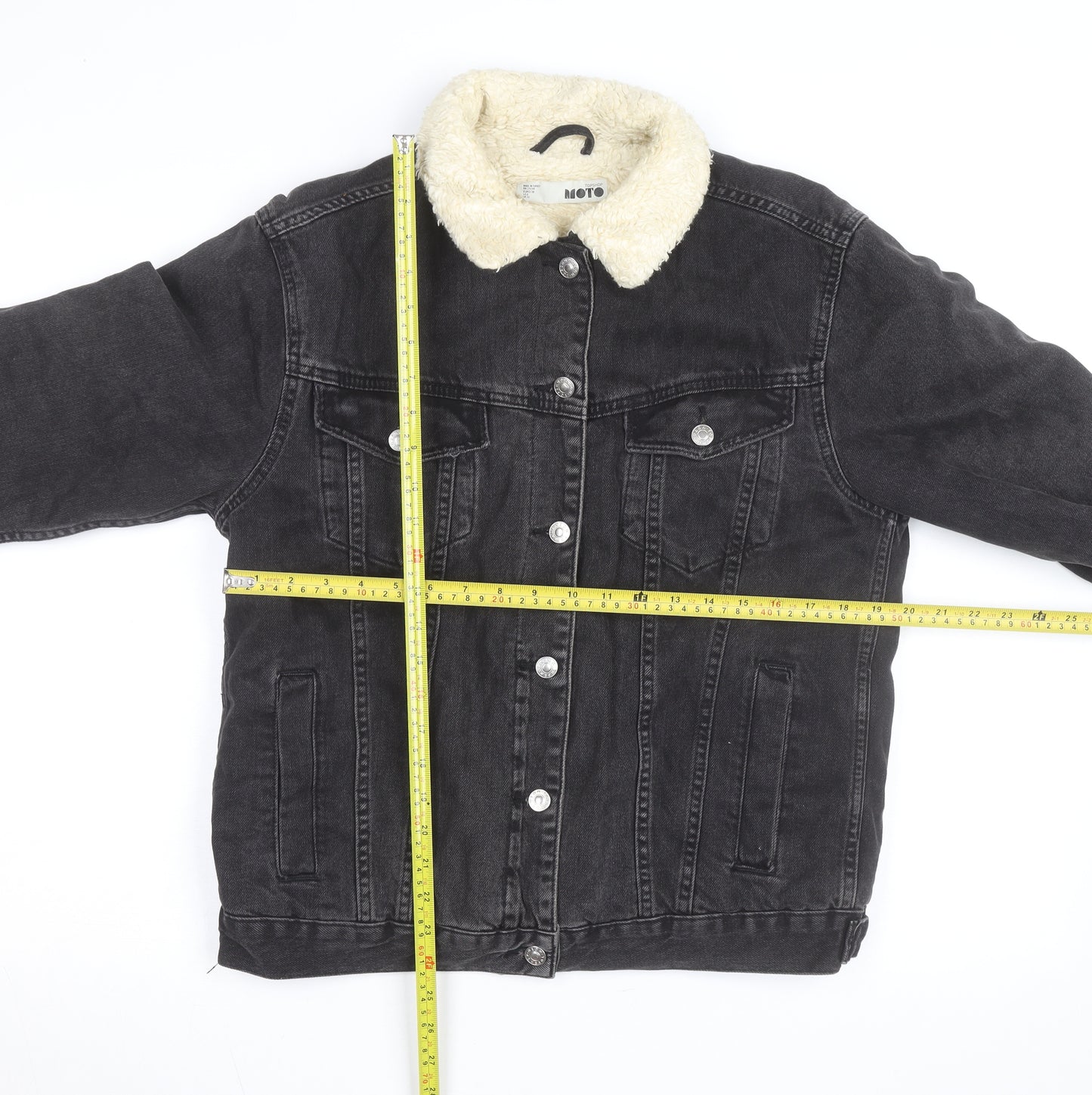 Topshop Moto Black Sherpa Denim Jacket Unisex M Classic Winter Warm