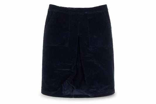 Front view of Cotton Traders women’s blue corduroy knee length skirt, size UK 16