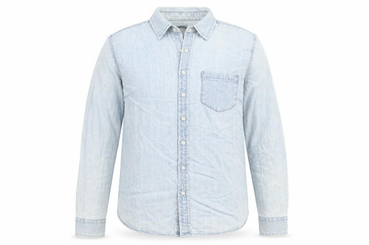Front view of Talbots Men Blue Long Sleeve Denim Button-Up Casual Shirt, size L