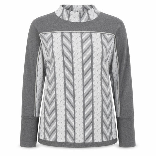 Front view of MONA Women’s Grey Mock Neck Geometric jumper, size UK 14