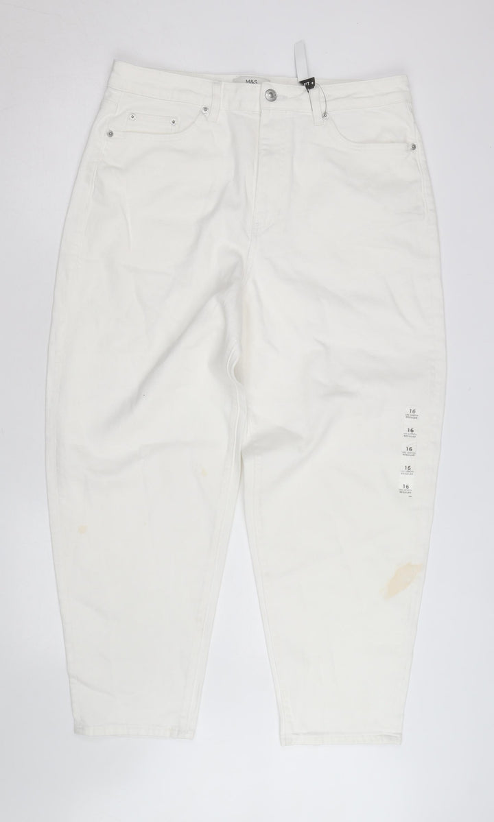 Marks and Spencer Women White Size 16 Mom Jeans Regular Fit High Rise