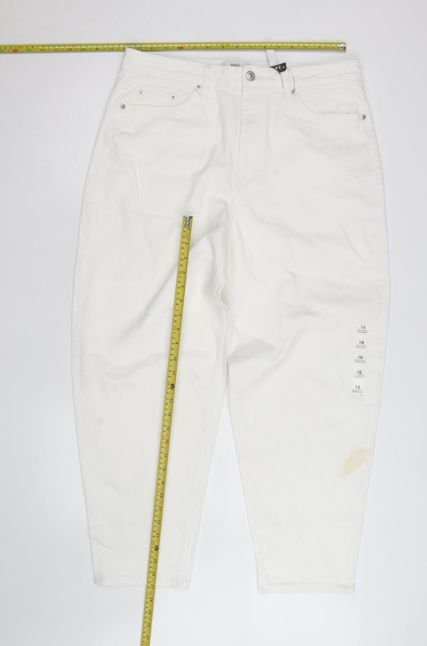 Marks and Spencer Women White Size 16 Mom Jeans Regular Fit High Rise