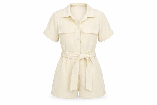 PrettyLittleThing Women’s Ivory Corduroy Short Sleeve Belted Playsuit UK S