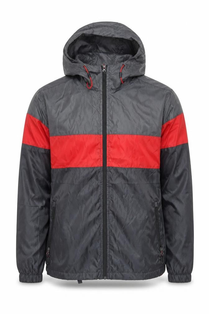 Front view of Athletic Works Men's Grey Red Black Hooded Windbreaker Jacket, size S