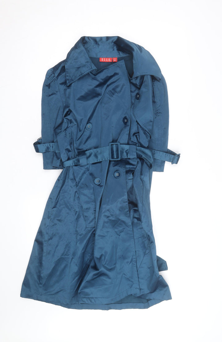 ELLE Womens Blue Trench Coat Belted Mid-Length M Classic Style