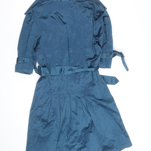 ELLE Womens Blue Trench Coat Belted Mid-Length M Classic Style