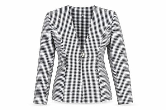 Front view of Lillie Rubin Women's Black Check Fitted Blazer, size 10, Vintage Classic