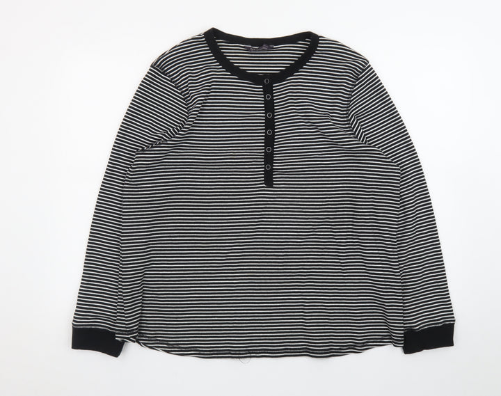 Marks and Spencer Women’s Black Striped Henley Long Sleeve Cotton T-Shirt Size 24