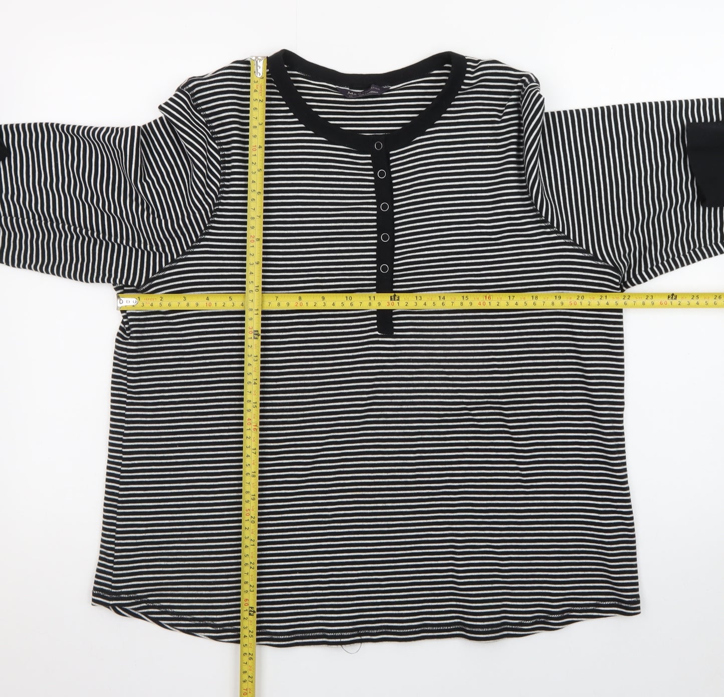 Marks and Spencer Women’s Black Striped Henley Long Sleeve Cotton T-Shirt Size 24