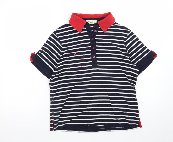 Viyella Women's Blue Striped Polo Shirt Size M Short Sleeve Cotton