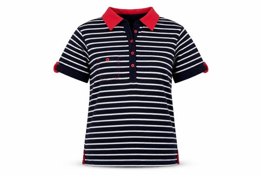 Front view of Viyella Women's Blue Striped Polo Shirt, size M, Short Sleeve Cotton