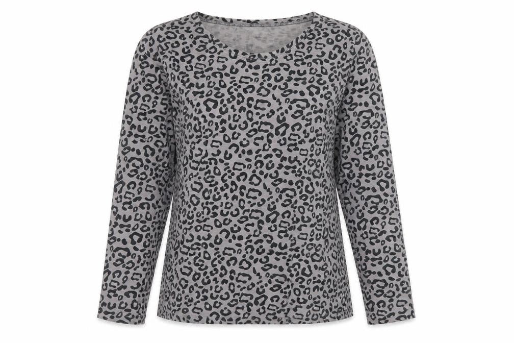 Front view of Mudd & Water Women's Grey Animal Print Long Sleeve Cotton Top, size 8