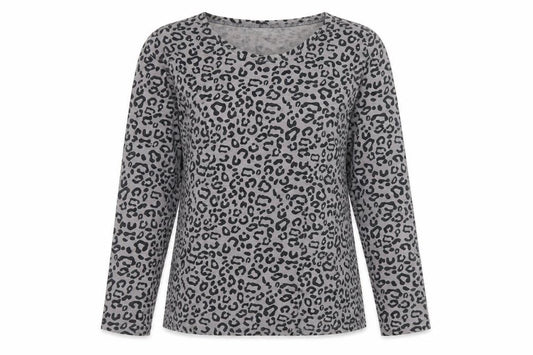 Front view of Mudd & Water Women's Grey Animal Print Long Sleeve Cotton Top, size 8