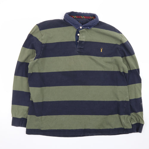 Next Men's Green and Navy Striped Long Sleeve Polo XL Cotton Rugby Top