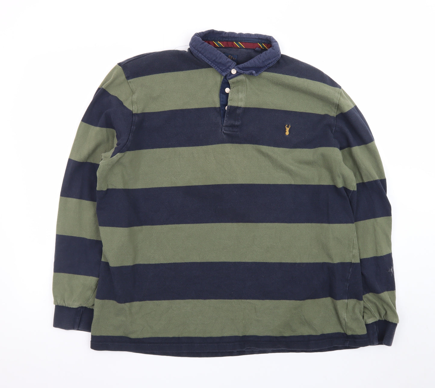Next Men's Green and Navy Striped Long Sleeve Polo XL Cotton Rugby Top