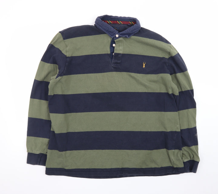 Next Men's Green and Navy Striped Long Sleeve Polo XL Cotton Rugby Top