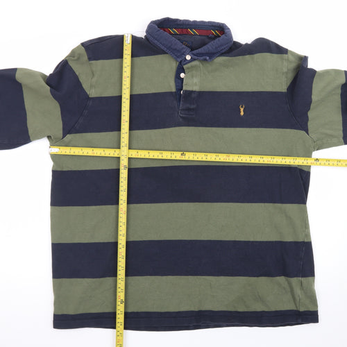 Next Men's Green and Navy Striped Long Sleeve Polo XL Cotton Rugby Top
