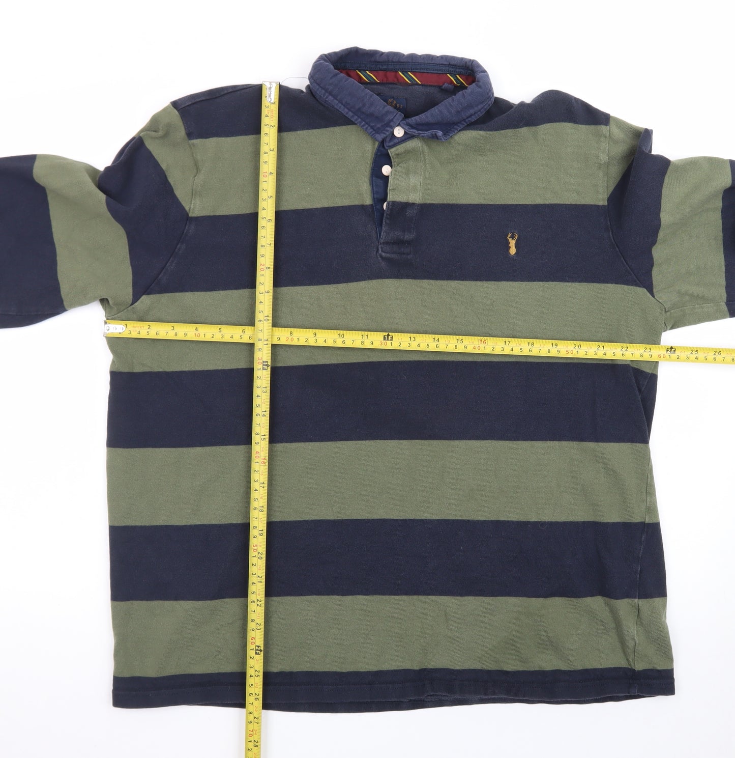 Next Men's Green and Navy Striped Long Sleeve Polo XL Cotton Rugby Top
